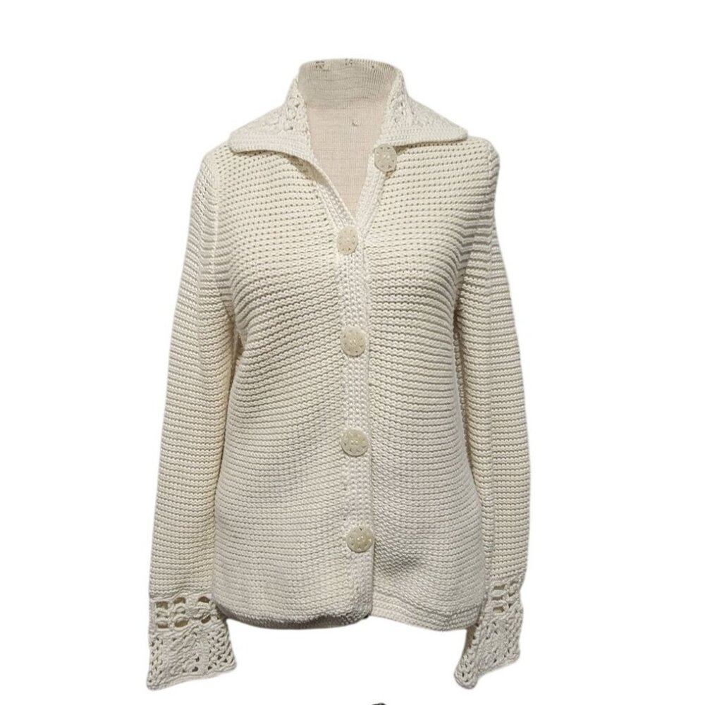 Vtg Claiborne Womens Knit Cardigan Sweater Medium Open Knit Crochet Boho Casual
